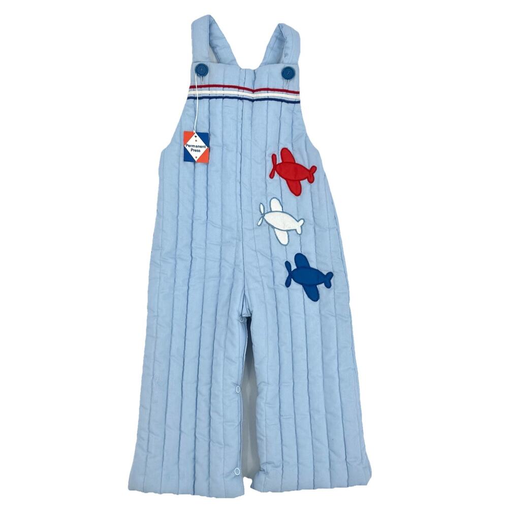 Quilted Baby Blue Boys Bib Overalls Retro Airplane Applique 24 Mos. 70s-80s NOS